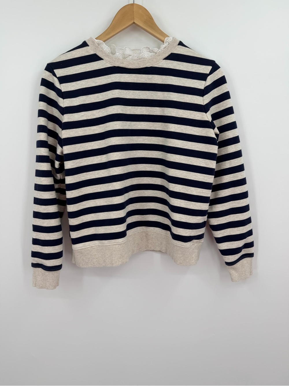 Boden Navy and Pink Striped Knit Top with Eyelet Collar